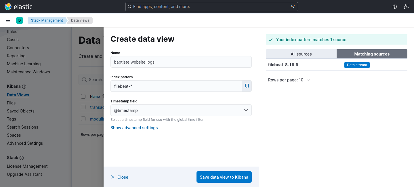 Screenshot Kibana Data View creation