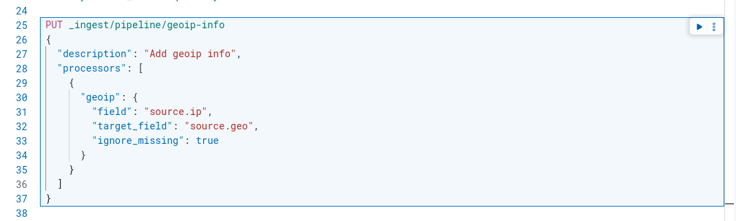 Screenshot Kibana Console to create GeoIp pipeline