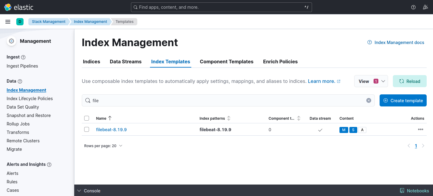 Screenshot Kibana Index Management page