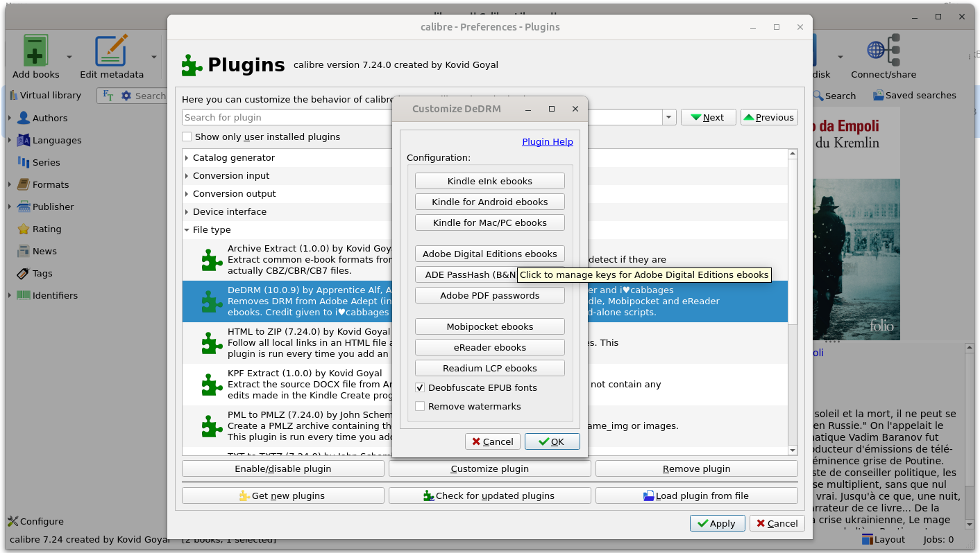 calibre ade manage key files